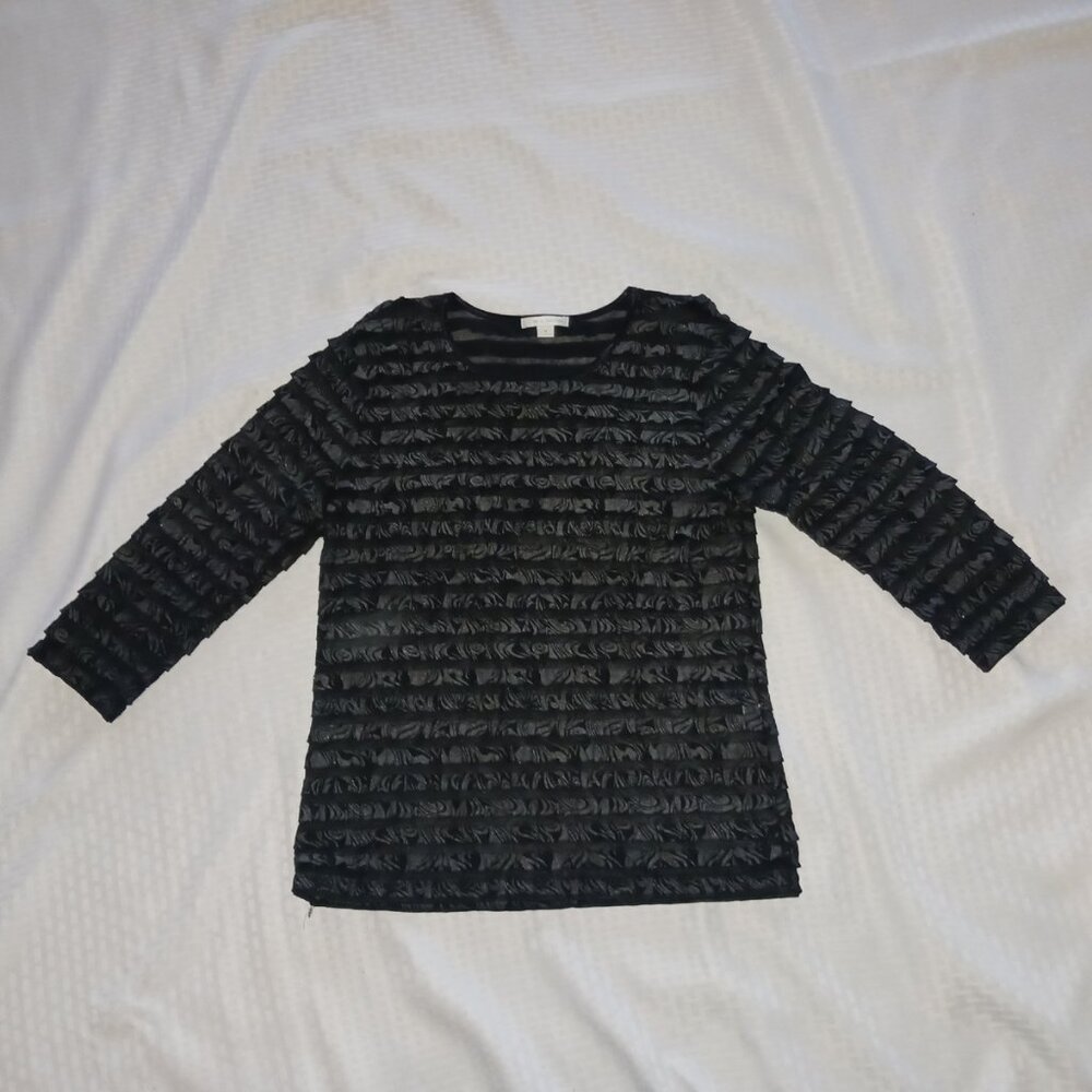 Erin London Sheer Black & Silver Ruffled Top 3/4 Sleeve